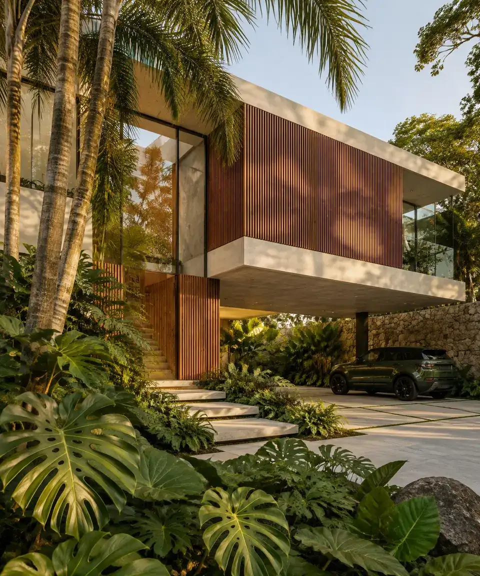 Casa moderna brasileira com fachada de madeira, jardim tropical e um carro estacionado
